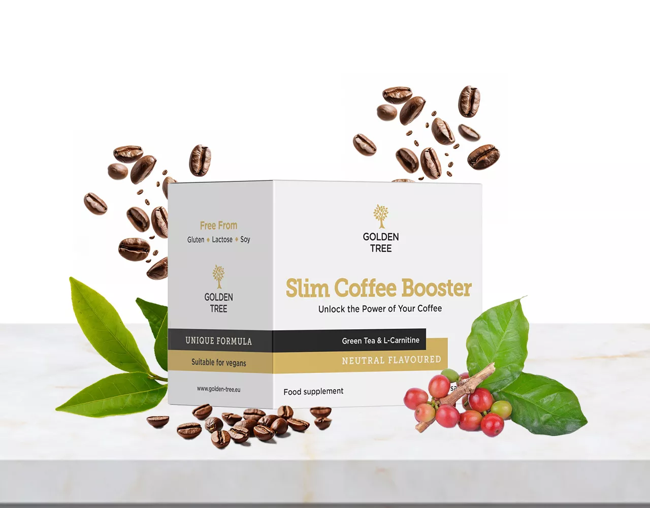 Slim Coffee Booster product box front view showing Golden Tree branding and neutral flavoured label
