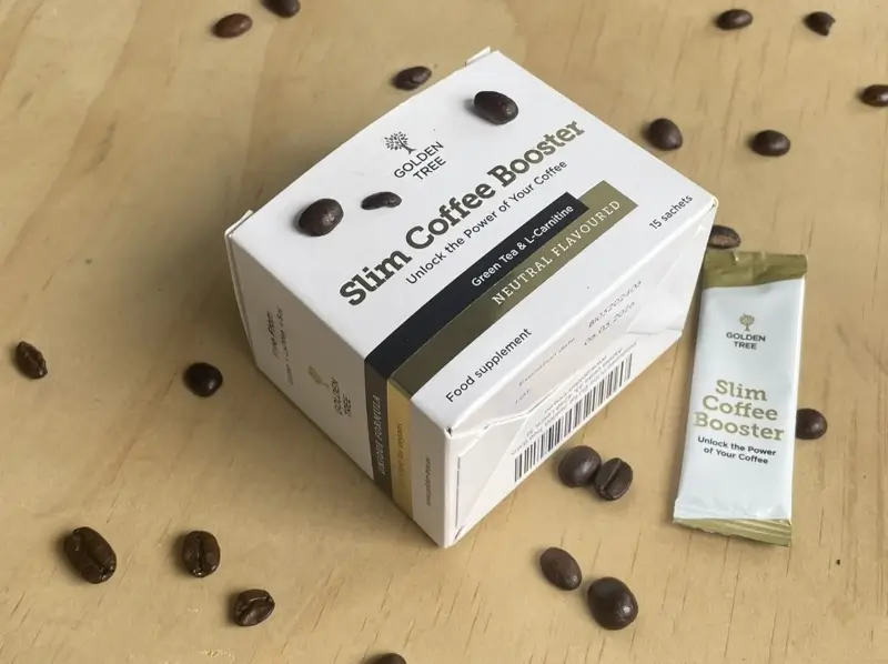 Slim Coffee Booster sachet next to product box, ready to add to morning coffee