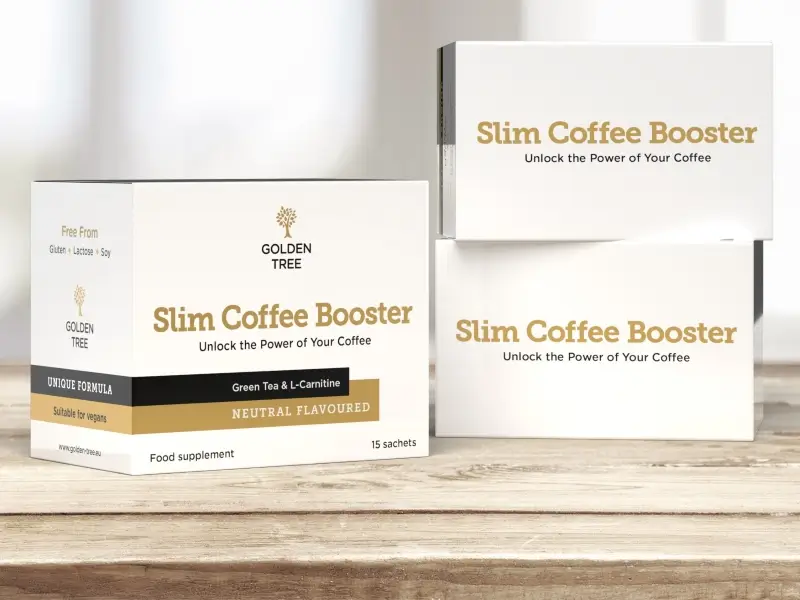 Three boxes of Slim Coffee Booster on a wooden surface showing the multi-pack supply options